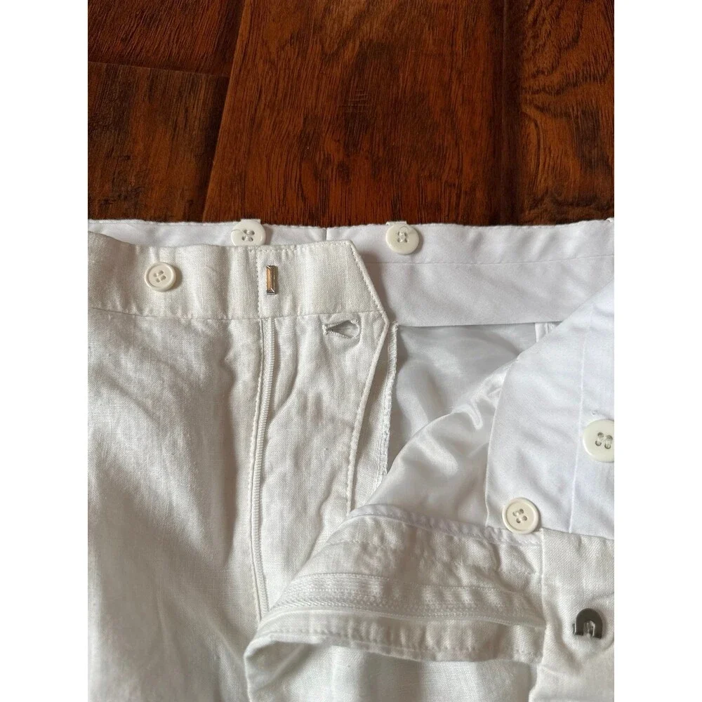 100% Linen White Flat Front Pants Size 42W Lined Wide Leg Summer Resort